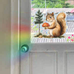 Rainbow prism squirrel and mushroom window decal for glass decor with sun catching effect