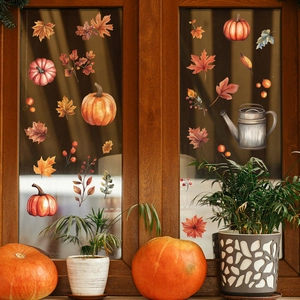Autumn pumpkin and floral window decals with watercolor watering can for home decor