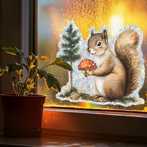 Holographic squirrel and mushroom window film with rainbow prism light effects