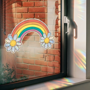 Rainbow arch window film with daisy flowers creating colorful light refraction effects