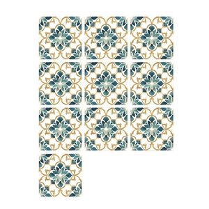 Set of 10 Moroccan green floral adhesive tile stickers for kitchen and bathroom decor