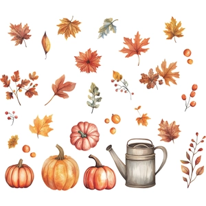 Autumn wall decals with watercolor pumpkins, watering can, and colorful maple leaves