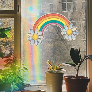 Detailed prism texture of rainbow suncatcher sticker with cute white daisy patterns