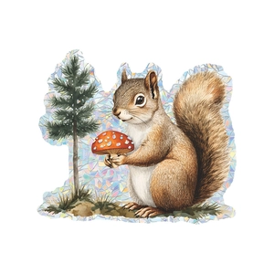 Holographic squirrel and mushroom wall sticker with colorful laser rainbow effect
