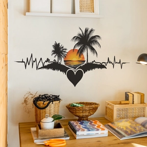 Tropical sunset heart rate wall decal with palm trees and sunset for home decor
