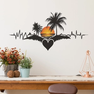 Tropical sunset wall decal with coconut trees and heartbeat line for cozy room decor