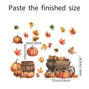 Detail view of autumn wall stickers showing pumpkin cart dimensions and fall leaves