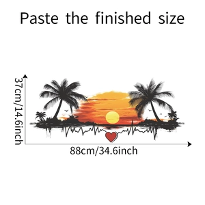 Romantic sunset palm beach wall sticker with heartbeat design and 88x37cm dimensions