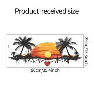 Product dimensions layout of sunset beach wall sticker with coconut trees and heart line
