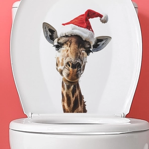 Christmas giraffe toilet seat sticker featuring a realistic giraffe in a red festive hat