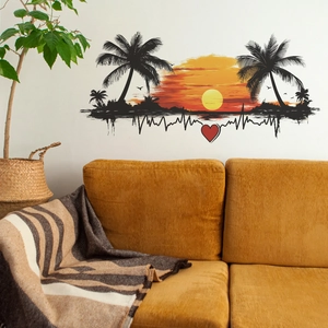 Romantic Sunset Palm Tree Beach Wall Sticker Heartbeat Line Heart DIY Removable PVC Decal For Bedroom Living Room Decor