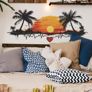 Romantic sunset beach palm tree wall sticker with heartbeat line for bedroom decor