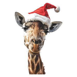 Christmas giraffe wall decal featuring a realistic giraffe wearing a festive red Santa hat