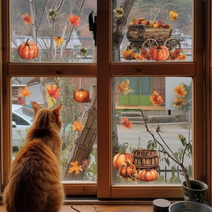 Autumn window clings with pumpkin, maple leaves and cart motifs featuring a cozy ginger cat