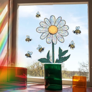 Daisy and honey bee window film stickers with colorful prism rainbow light effect
