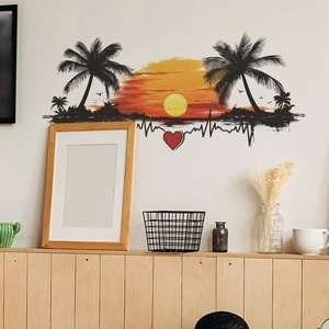Sunset beach wall sticker with palm tree silhouette and heartbeat line for home decor