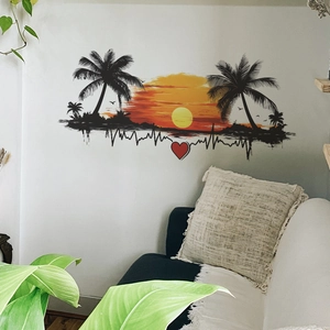 Detail of tropical sunset wall sticker with palm trees and heartbeat line in cozy living room