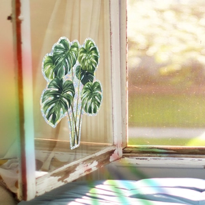 Sticker de fenêtre feuille de monstera avec bords laser holographiques pour décoration