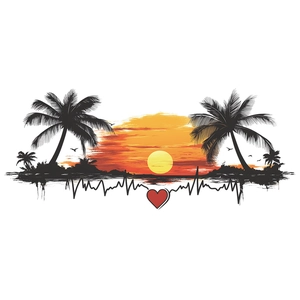 Tropical sunset beach wall sticker with palm trees and heartbeat line design