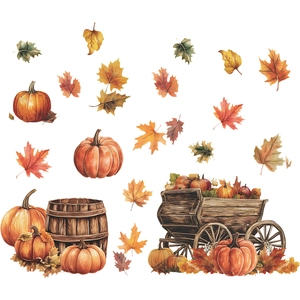 Autumn wall stickers featuring watercolor pumpkins, maple leaves, barrel and wooden cart