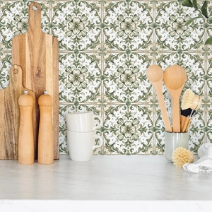 Vintage green floral self-adhesive wall tile stickers for kitchen backsplash decoration