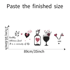 Self-adhesive kitchen wall sticker showing wine bottle and glass with dimensions 89x27cm