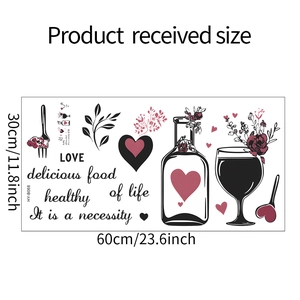 Detailed 30x60cm layout of wine bottle and glass wall stickers with romantic floral motifs