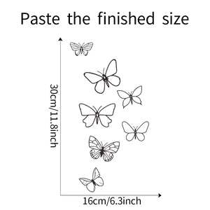 Dimensions diagram of 7 butterfly wall stickers measuring 30x16cm for home decoration