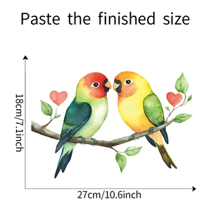 Detail view of bird wall sticker showing 27x18 cm dimensions and watercolor bird design