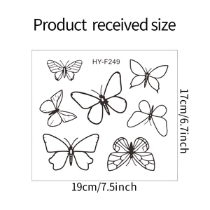 Detailed size chart showing butterfly wall stickers measuring 19cm by 17cm