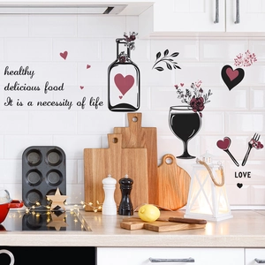 Romantic wine bottle and glass wall stickers with healthy delicious food lettering