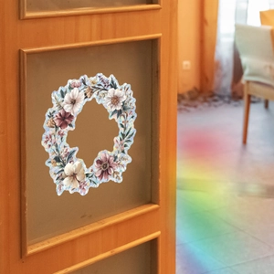 Floral wreath wall decal for home decor on a wooden door glass panel with vivid flowers
