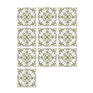 Self-adhesive green tile stickers with vintage European floral pattern for wall decoration