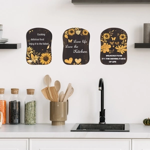 Dreiteiliges Set Küchenaufkleber mit Sonnenblumenmotiven, Sprüchen und Holzstruktur