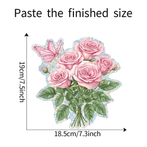 Detailed size specifications for pink rose and butterfly floral wall stickers at 7.5 inches high