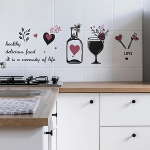 Creative kitchen wall sticker with wine bottle and glass icons on white tile background