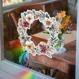 Holographic floral wreath window sticker with colorful laser effect for home decor