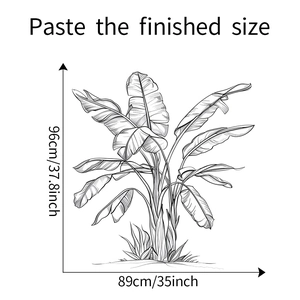 Detail showing dimension measurements of black and white sketch banana leaf wall sticker