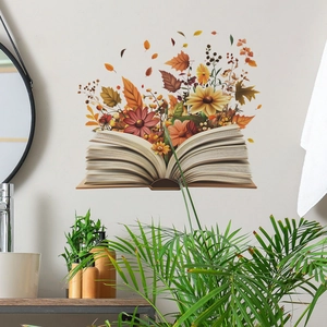 Pastoral wall decal of an open book with vibrant autumn leaves and floral patterns