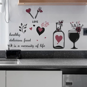 Modern kitchen wall sticker with wine bottle glass patterns and healthy food quotes