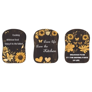 Dreiteiliges Set mit Sonnenblumen-Wandplaketten und inspirierenden Zitaten in Holzoptik