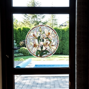 Circular stained glass window decal with white lily flowers for home glass door decoration