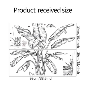 Technical dimensions of black and white banana leaf wall stickers, 98cm width and 39cm height