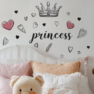 Stickers muraux autocollants couronne de princesse et cœur pour décor de chambre
