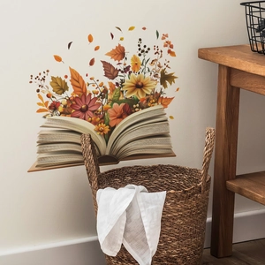 Artistic autumn wall sticker featuring floral book design with maple leaves and sunflowers