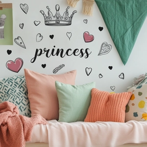Stickers muraux autocollants princess avec couronne et cœurs roses pour chambre