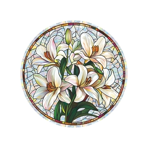 Round stained glass style lily wall sticker with white flowers and green leaves