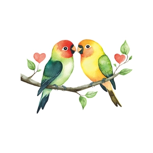 Watercolor wall sticker featuring two colorful lovebirds on a branch with red hearts
