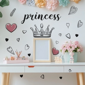 Stickers muraux couronne de princesse et cœurs pour chambre de fille et décoration