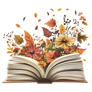 Artistic wall decal featuring an open book with blooming autumn flowers and maple leaves